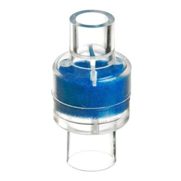 A Z1 Heat Moisture Exchanger for CPAP Machines, a clear plastic container with blue sand inside, is used as a Universal InLine Heat Moisture Exchanger.