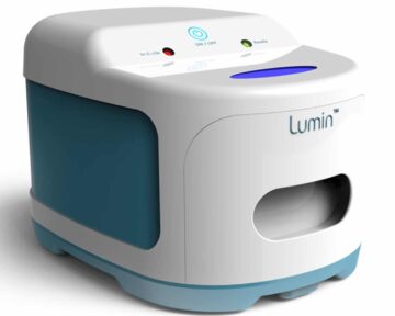 A white and blue Lumin UVC Sanitizing System (Mask & Accessories Cleaner) with the word lumin on it.