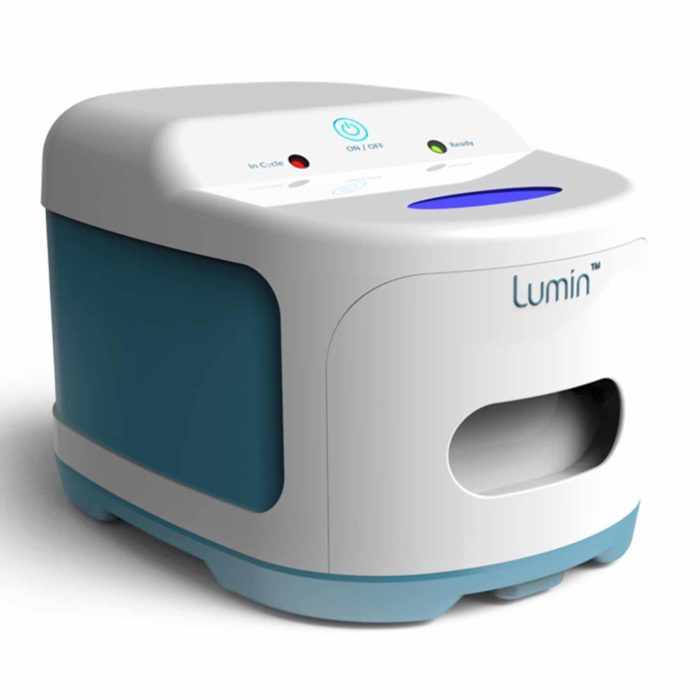 A white and blue Lumin UVC Sanitizing System (Mask & Accessories Cleaner) with the word lumin on it.