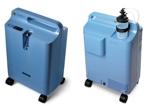 Two Respironics Everflo Stationary Concentrators on wheels.