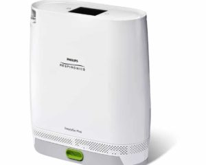 A Respironics Simply Go Mini Portable Oxygen Concentrator with Extended Life Battery on a white background.