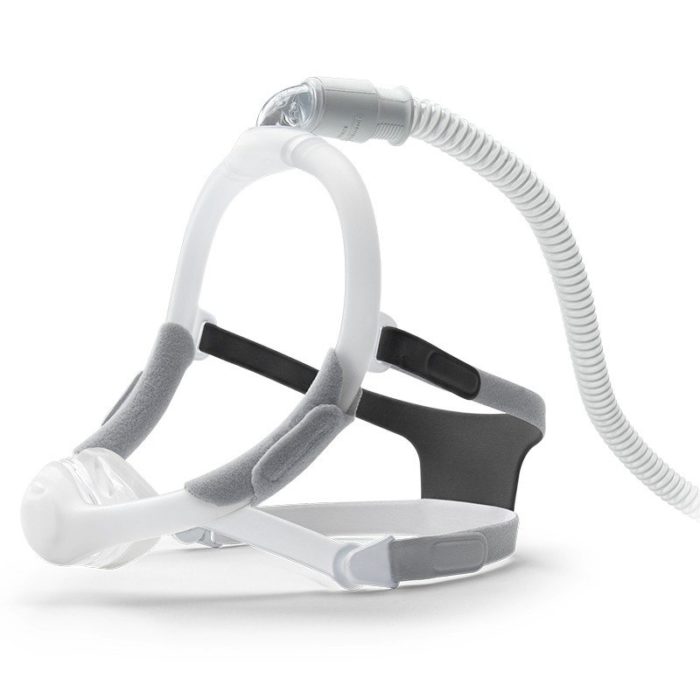 A Respironics DreamWisp Nasal CPAP Mask (Fit Pack) with an attached hose.