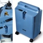 A portable blue Respironics Everflo Stationary Concentrator in the image.