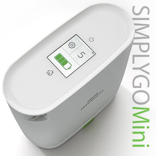 The Respironics Simply Go Mini Portable Oxygen Concentrator with Extended Life Battery, a portable oxygen concentrator, is shown on a white surface.