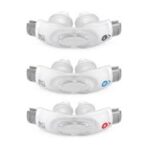 Four different types of ResMed AirFit P30i Nasal Pillow CPAP Masks on a white background.
