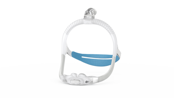 A ResMed AirFit P30i Nasal Pillow CPAP Mask with a blue strap, designed specifically for women, that includes headgear.