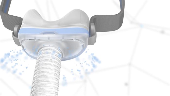 An image of a ResMed AirFit N30 Nasal CPAP Mask (Fit Pack) with a hose attached to it.