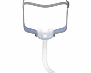 A ResMed AirFit N30 Nasal CPAP Mask (Fit Pack) with a blue light attached to it.