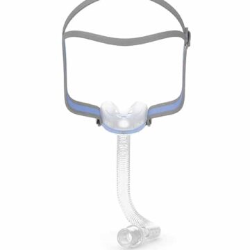 A ResMed AirFit N30 Nasal CPAP Mask (Fit Pack) with a blue light attached to it.