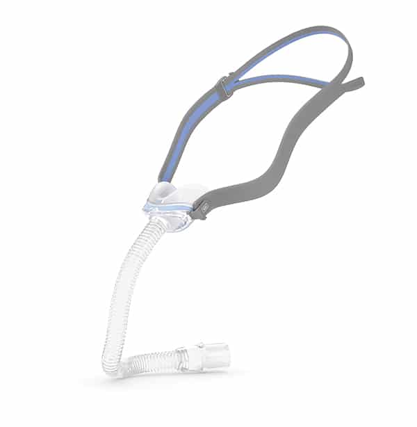 A blue-hosed CPAP machine with a ResMed AirFit N30 Nasal CPAP Mask (Fit Pack) attached.
