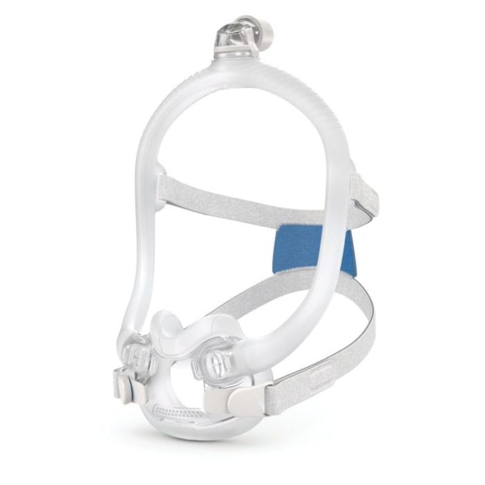 A clear ResMed AirFit F30i Full Face CPAP Mask with a blue strap.
