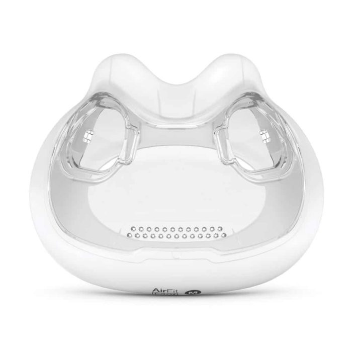 A white ResMed AirFit F30i Full Face CPAP Mask Cushion with a clear lid on it.