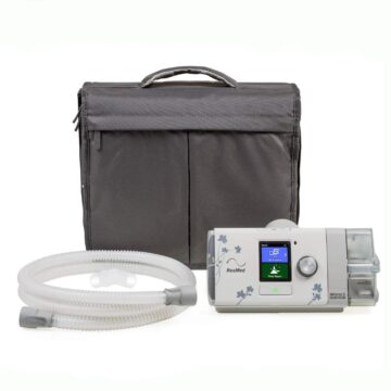 A ResMed AirSense S10 Autoset for Her APAP Machine with HumidAir Humidifier with hoses and a bag, available at a discount from CPAPSupply.ca.