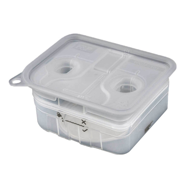 A plastic container with two lids and a Fisher & Paykel Sleepstyle Chamber Seal replacement for the sleepstyle humidifier chamber.