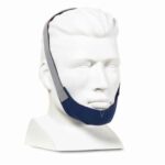 A mannequin head with a blue and white ResMed Sullivan Chin Strap.