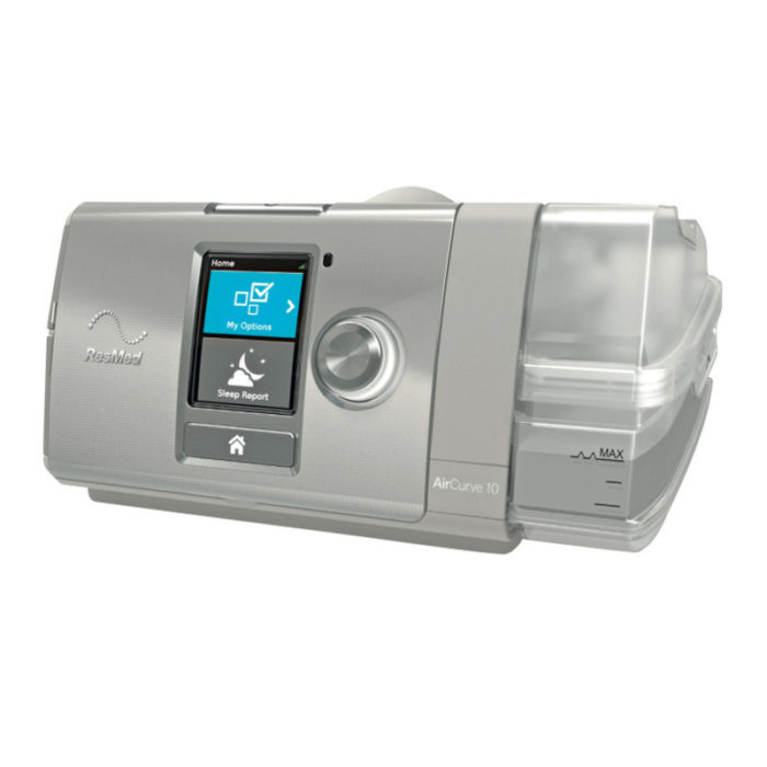 A discounted ResMed AirCurve S10 VAuto Bi-Level Machine Package with HumidAir Humidifier & Mask with a digital display on it.