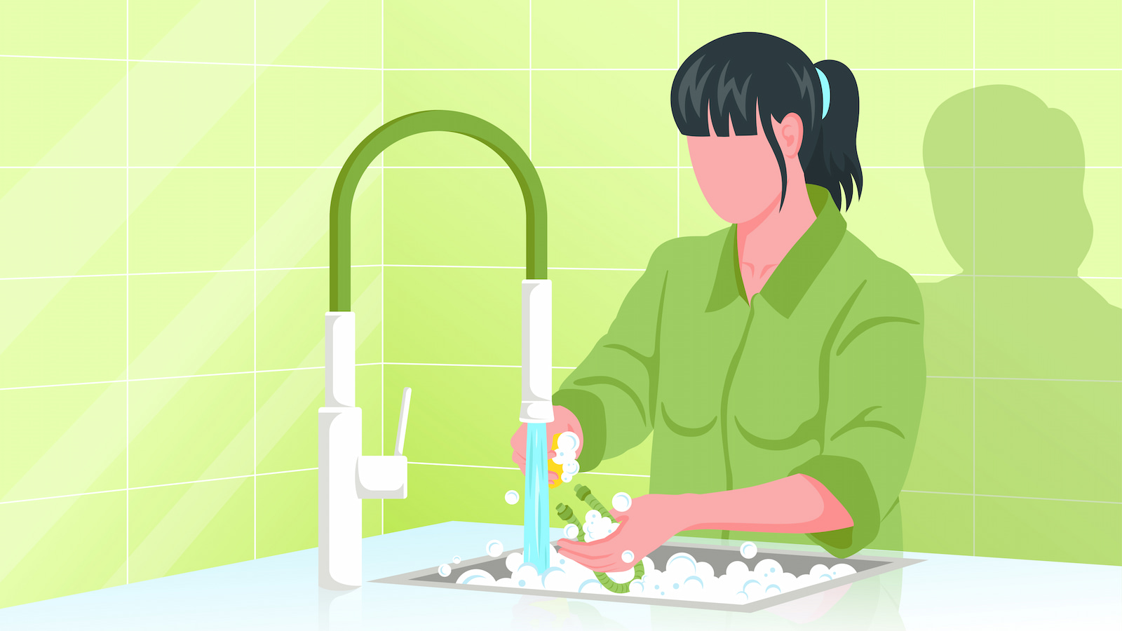 A woman practicing CPAP machine cleaning and maintenance by washing her hands in a sink.