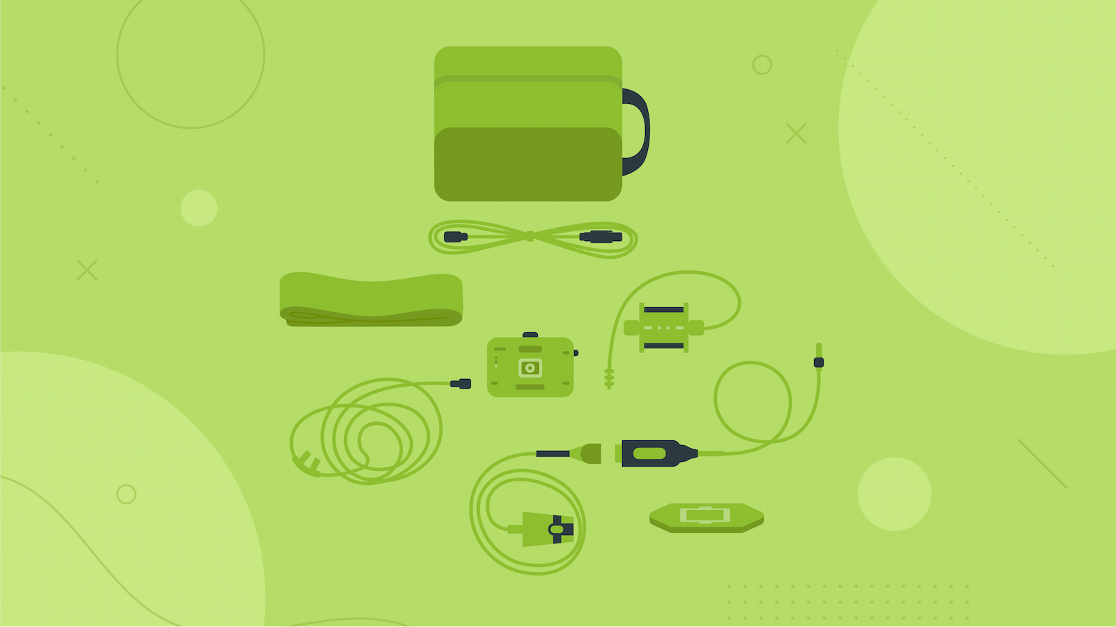 Illustration of components typically used with a Type 3 HSAT device including straps, cannula, pulse oximeter, carrying case, tubes, and clamps