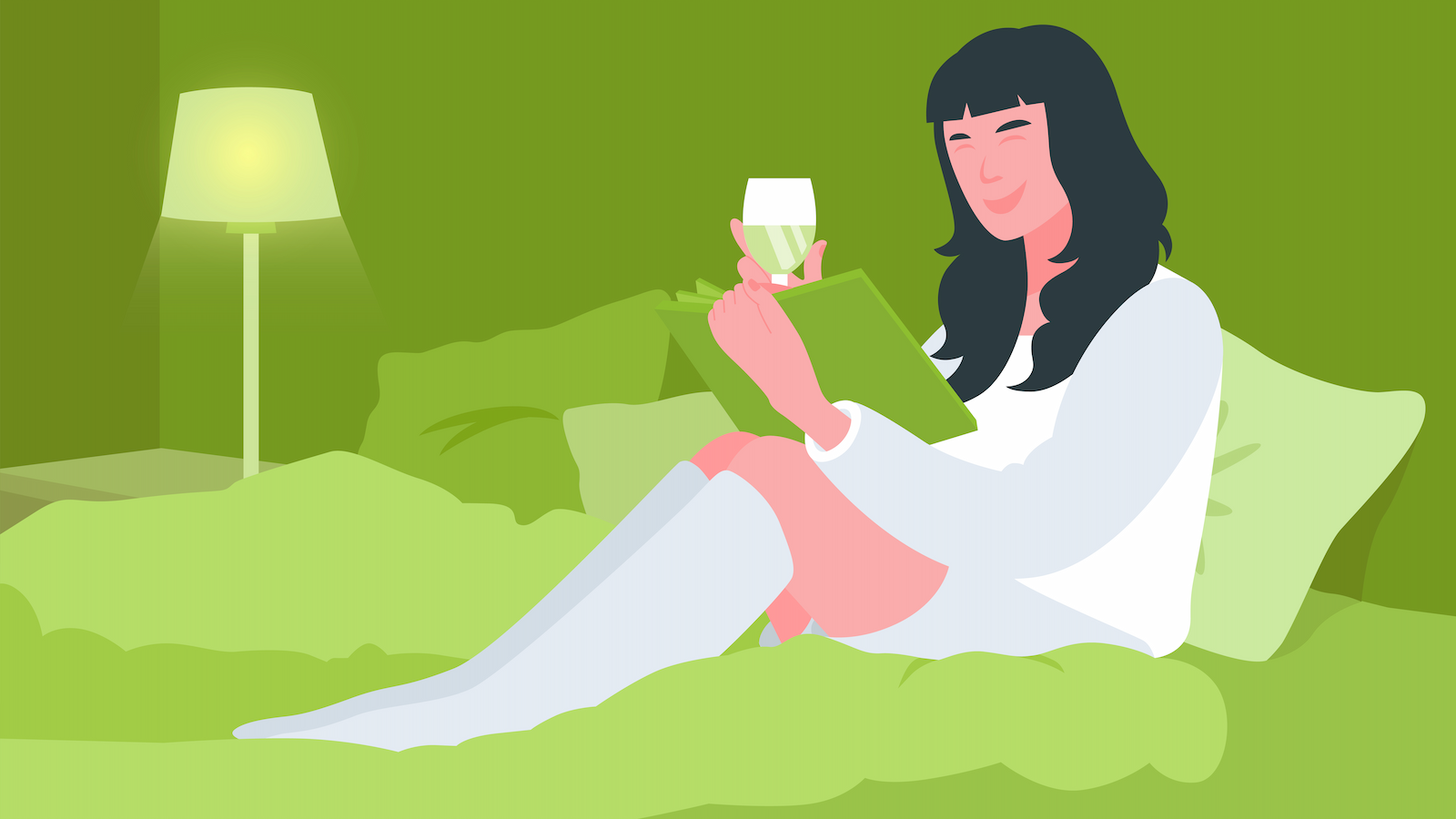 Illustration of person relaxing in bed with a book and beverage