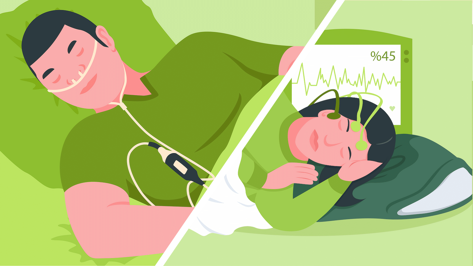 A couple sleeping in bed with an ecg monitor.