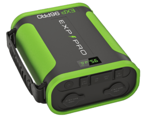 Introducing the Expion96PRO Back Up Power Supply: a green and black portable power bank featuring a digital display and multiple charging ports, perfect for any situation.