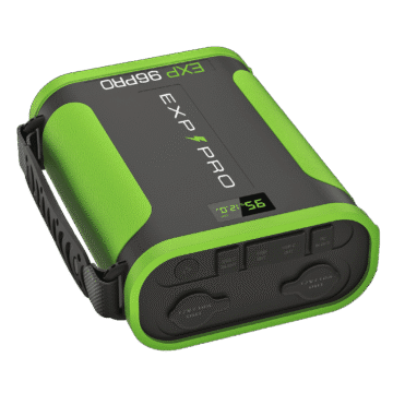 Introducing the Expion96PRO Back Up Power Supply: a green and black portable power bank featuring a digital display and multiple charging ports, perfect for any situation.