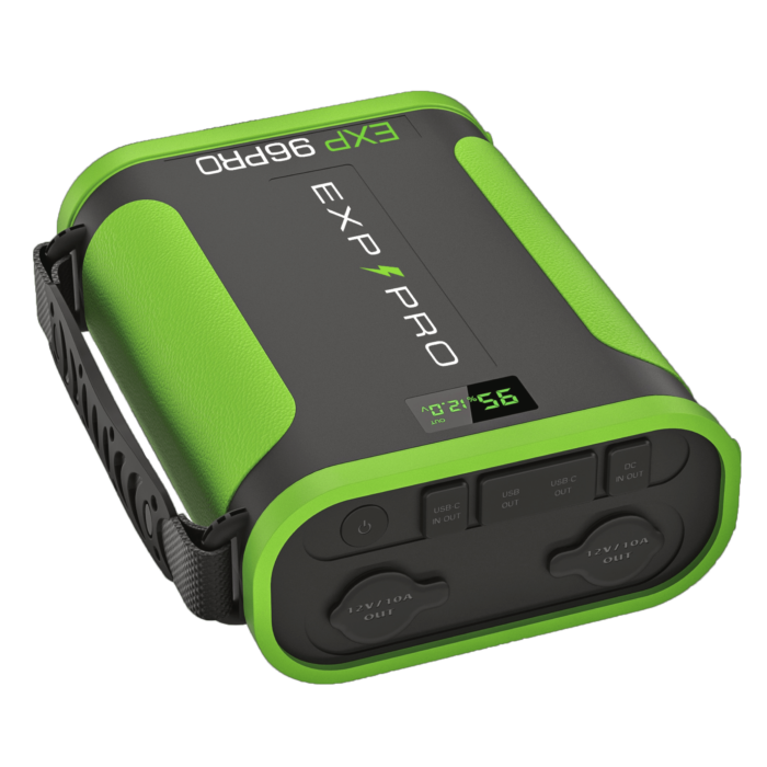 Introducing the Expion96PRO Back Up Power Supply: a green and black portable power bank featuring a digital display and multiple charging ports, perfect for any situation.