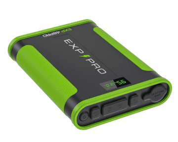 The Expion48PRO Back Up Power Supply in green and black includes a digital display that shows "56" and offers various ports on the side, providing dependable portable power wherever you are.