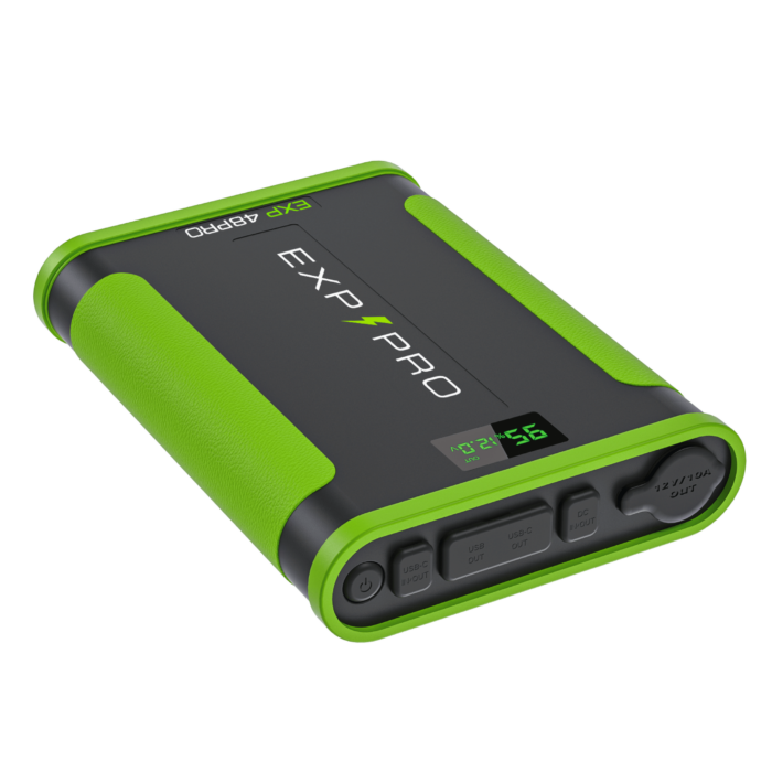 The Expion48PRO Back Up Power Supply in green and black includes a digital display that shows "56" and offers various ports on the side, providing dependable portable power wherever you are.