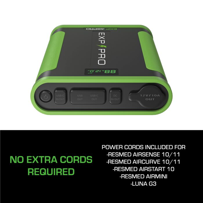 The Expion48PRO Back Up Power Supply in green and black includes power cords that are compatible with various models, so no extra cords are required.