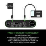 Illustration showing the Expion96PRO Back Up Power Supply connecting a CPAP machine to a wall adapter, highlighting its pass-through technology for dependable power delivery.