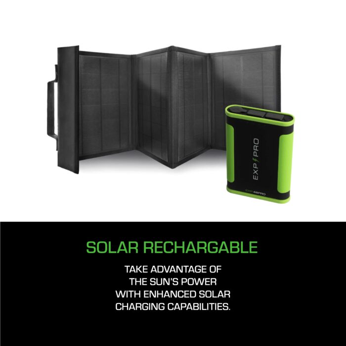 The Expion96PRO Back Up Power Supply, featuring a foldable solar panel and a green and black rechargeable battery pack, offers a dependable solution for "Solar Rechargeable" power needs.