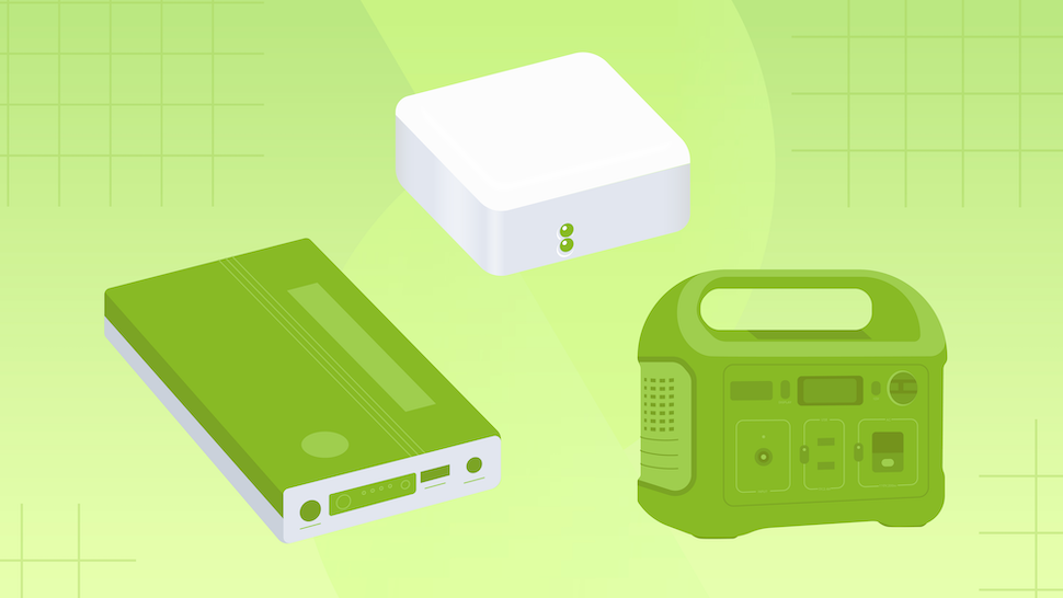 A green power bank and battery on a green background.