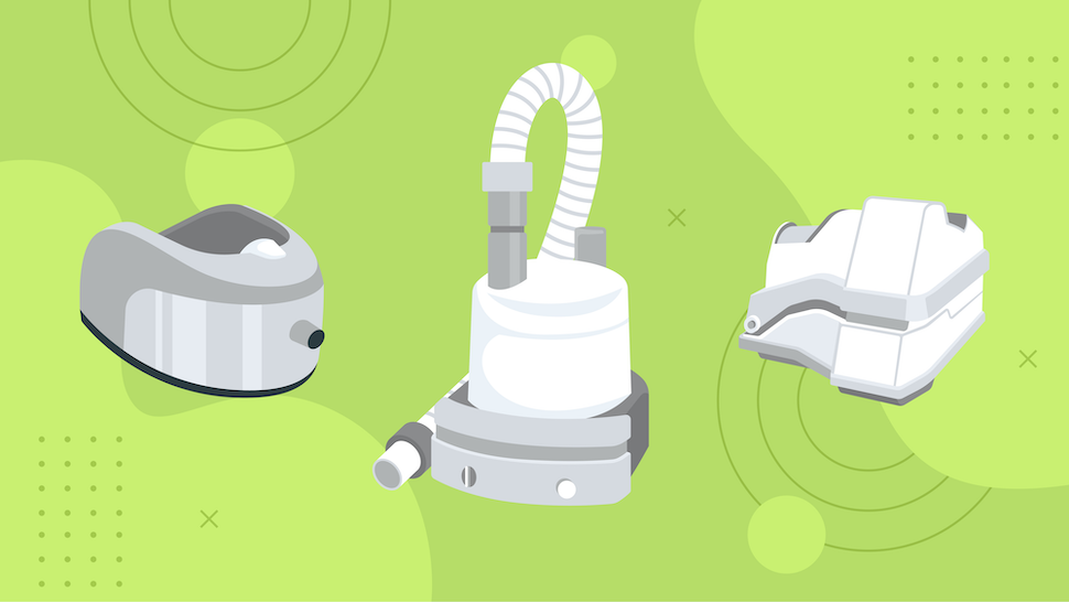 A group of CPAP humidifiers on a green background.