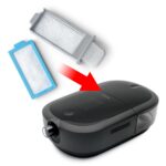 A Respironics Ultra Fine Disposable CPAP Filters for Dreamstation 2 Advanced (6 Pack), a small device with a filter attached to it, specifically designed for Dreamstation 2 CPAP machines.