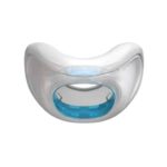 A blue and white pacifier on a white surface, the Fisher & Paykel Evora Nasal CPAP Mask Cushion.