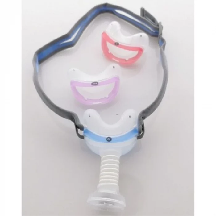 A pair of Res Med AirMini N30 Mask & Set Up Pack with a pink and blue mouthpiece.