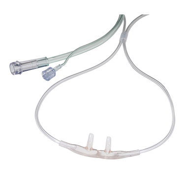 A Salter Labs, Adult Demand Cannula w/7' Tubing (1 each) with two wires attached to it, resembling an oxygen cannula.