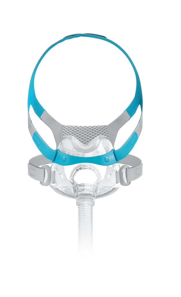 A Fisher & Paykel Evora Full Face CPAP Mask (Fit Pack) in blue and white, displayed on a white background.