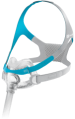 A Fisher & Paykel Evora Full Face CPAP Mask (Fit Pack) in blue and white with a blue strap.