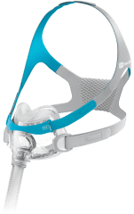 A Fisher & Paykel Evora Full Face CPAP Mask (Fit Pack) in blue and white with a blue strap.