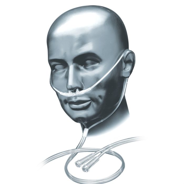 A man's head with a Salter Labs, Adult Demand Cannula w/7' Tubing (1 each) attached to it.