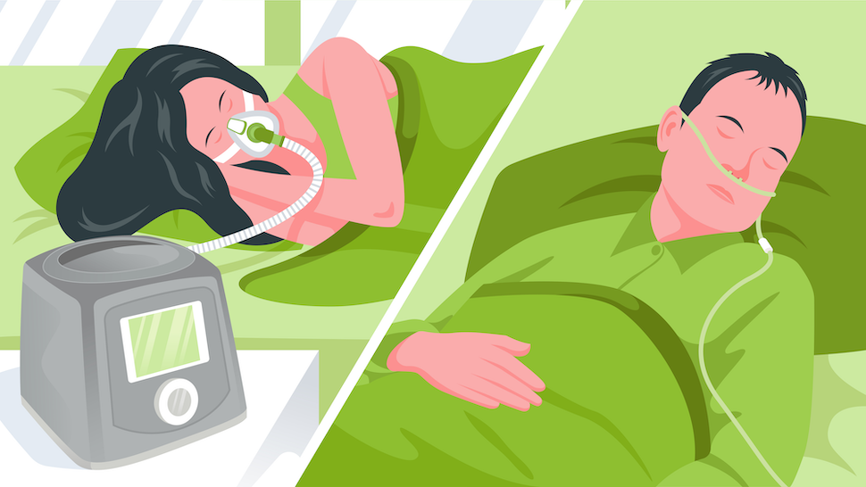 Illustration: Sleep Apnea Symptoms illustrated by a sleeping man and woman.