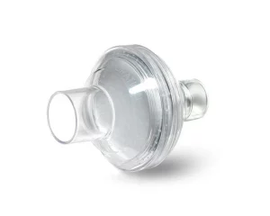 A clear plastic container with a Respironics Bacteria Filter for CPAP Machines (1 Pack) on a white background.