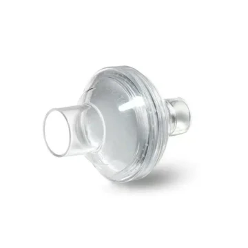 A clear plastic container with a Respironics Bacteria Filter for CPAP Machines (1 Pack) on a white background.