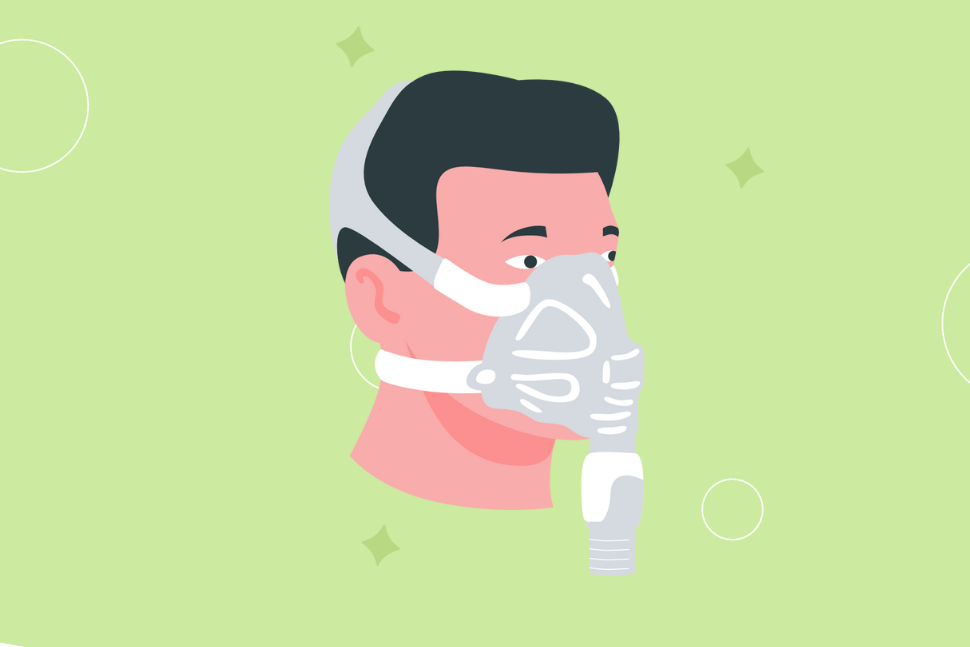 An illustration of a man wearing a full face nebulizer mask.