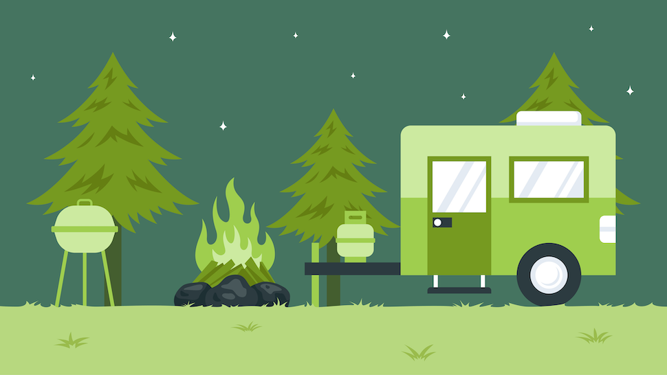 A green camper trailer with a fire and a campfire showcasing Medistrom CPAP Batteries.