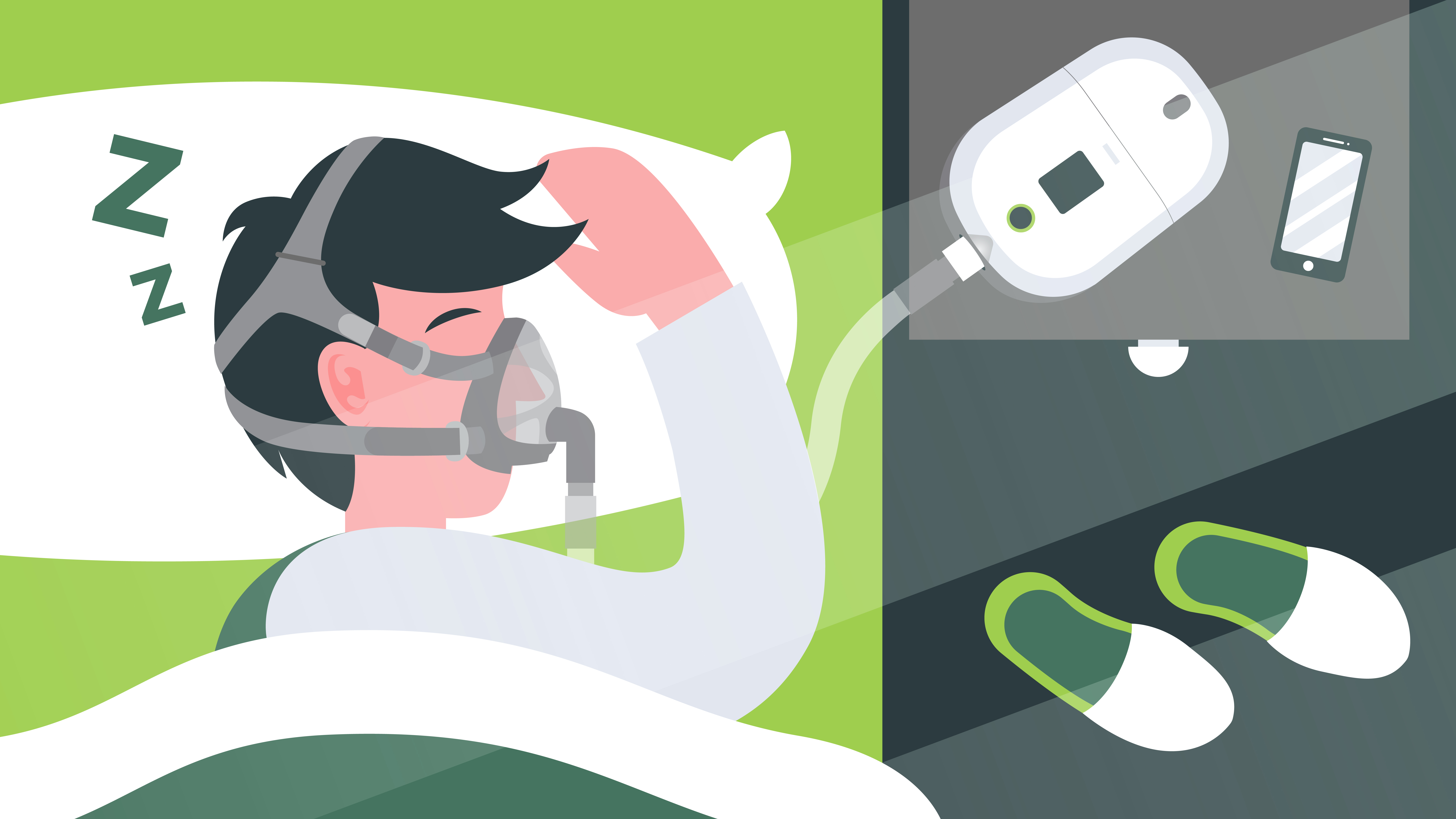 A man is sleeping with a CPAP mask on his head.