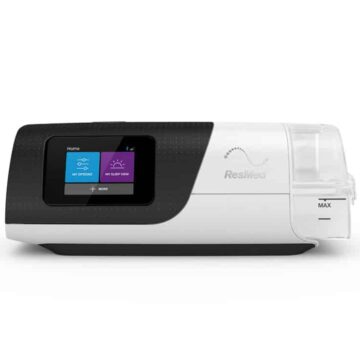 A white and black machine with a touch screen, ResMed AirSense 11 Autoset APAP Machine with HumidAir Humidifier and Heated Tubing.