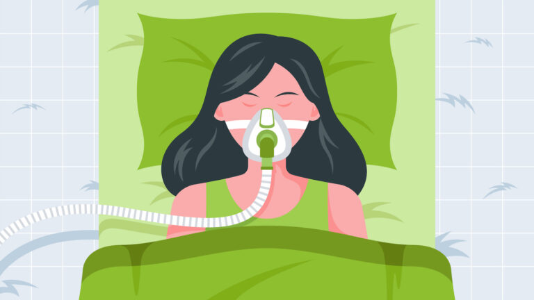 A woman achieving comfort with a nebulizer in her bed.